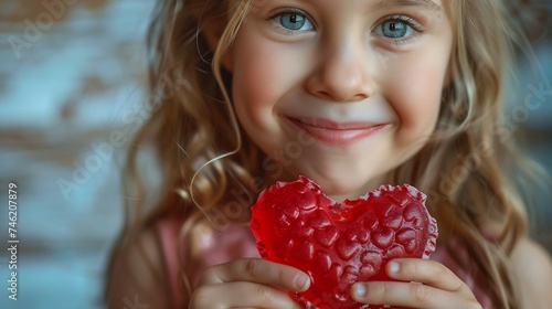 Generative AI : happy little girl holding heart shape candy © The Little Hut