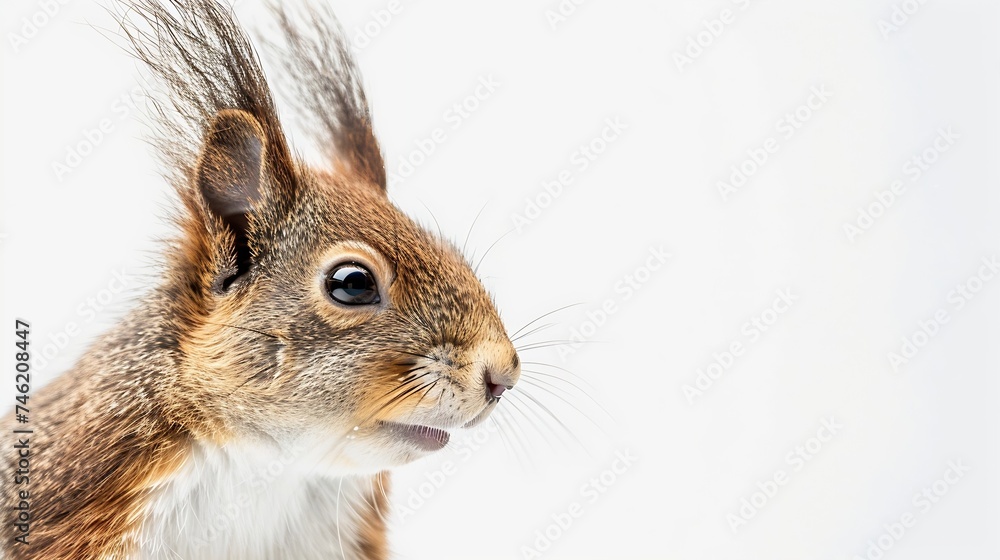 Generative AI : Portrait of eurasian red squirrel in front of a white background Generative AI : Portrait of eurasian red squirrel in front of a white background