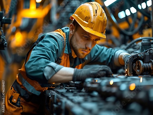 Generative AI : Industrial concept: worker in helmet repair detail in car auto service, close uptelephoto photo