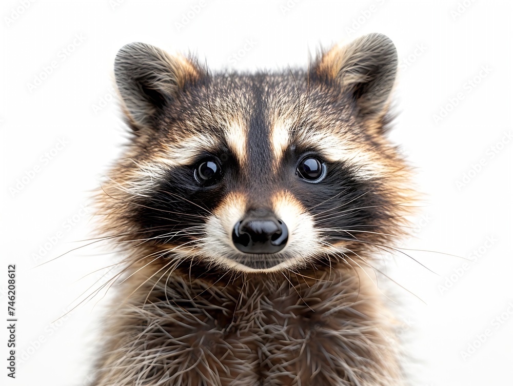 Generative AI : Portrait of a cute funny raccoon, closeup, isolated on a white background