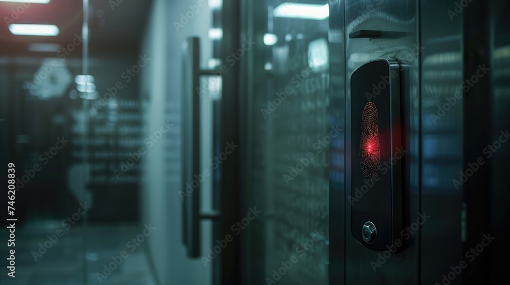 Fingerprint scan access control system machine on entrance door office. Fingerprint scan access control system machine on entrance door office.