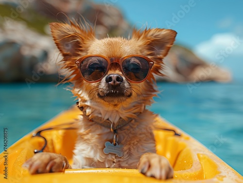 Generative AI : Cute Chihuahua dog wearing sunglasses on a Kayak at the ocean shore .HDR+Vintage style