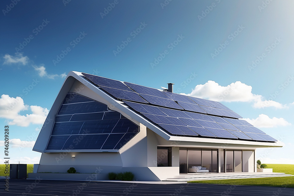 Fototapeta premium futuristic generic smart home with solar panels rooftop system for renewable energy concepts as wide banner with copy space area. Generative AI