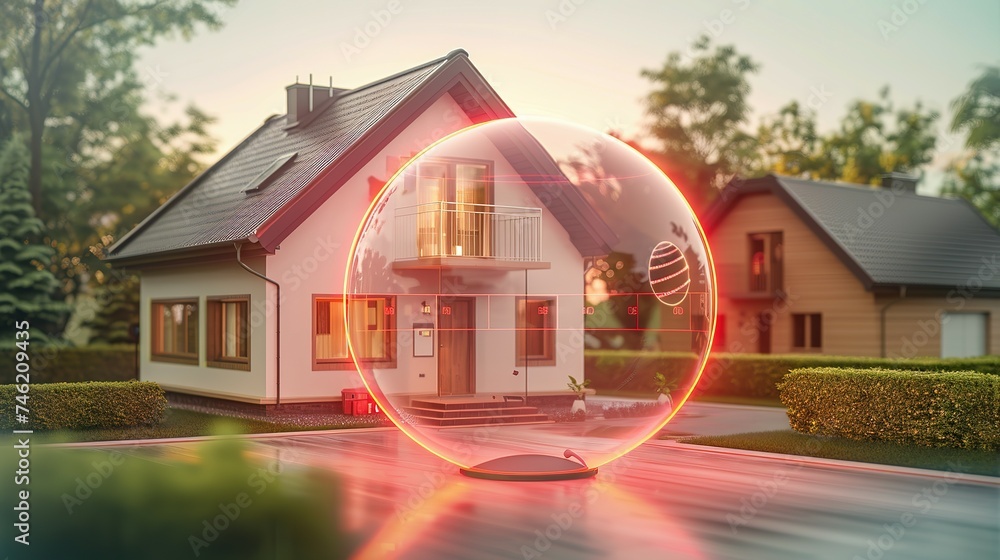 home protected by an alarm system in the form of a red dome around the house - obrazy, fototapety, plakaty 