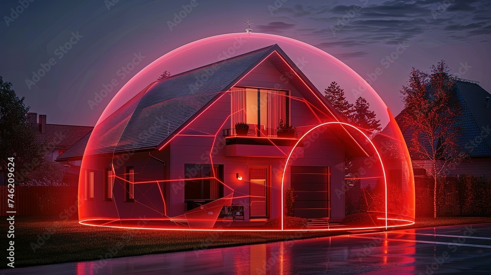 home protected by an alarm system in the form of a red dome around the house - obrazy, fototapety, plakaty 