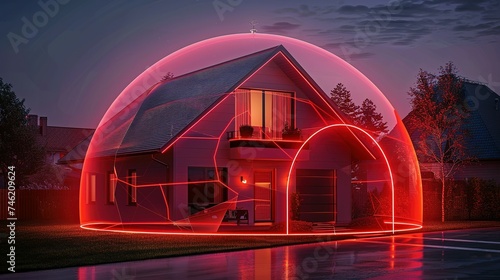 home protected by an alarm system in the form of a red dome around the house photo