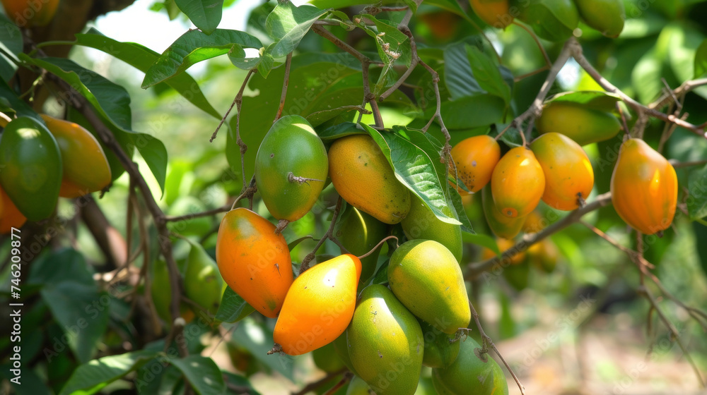 The once green fruit slowly starts to change color taking on shades of yellow orange or red depending on the type of fruit. The skin becomes smooth and shiny inviting animals