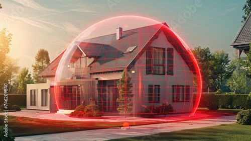 home protected by an alarm system in the form of a red dome around the house photo