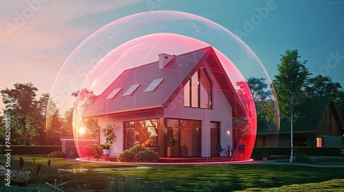 home protected by an alarm system in the form of a red dome around the house