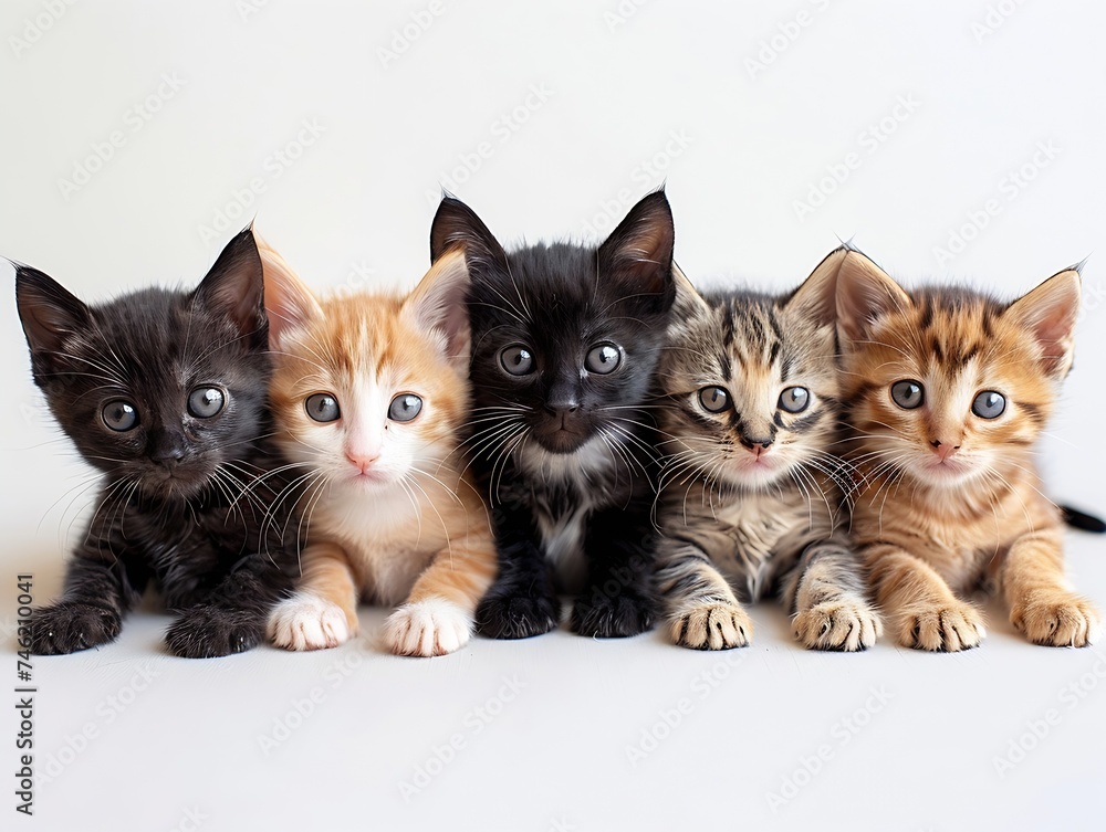Generative AI : Group of kittens and puppies posing on a white background