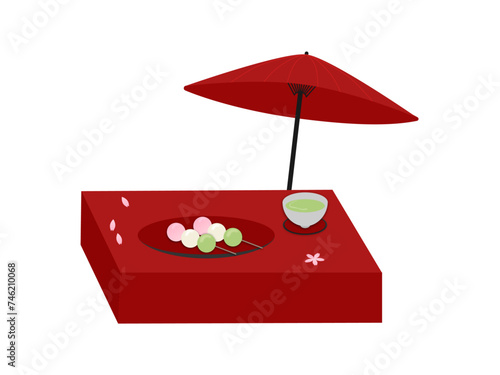 三色のお花見団子とお茶が置かれたお茶席