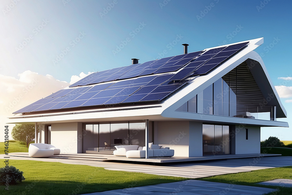 futuristic generic smart home with solar panels rooftop system for renewable energy concepts as wide banner with copy space area. Generative AI