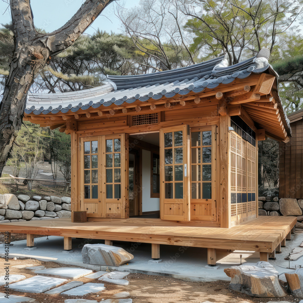 Naklejka premium Tiny one floor timber frame house with single front doors and terrace with korean theme design