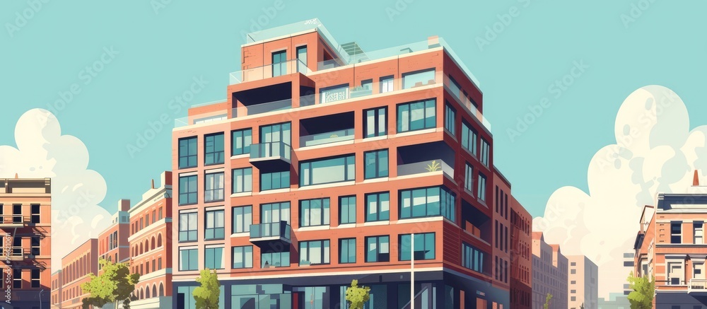 A digital painting showcasing a modern brick building standing tall amidst a bustling cityscape. The building symbolizes progress, business activity, and urban development in a contemporary setting.