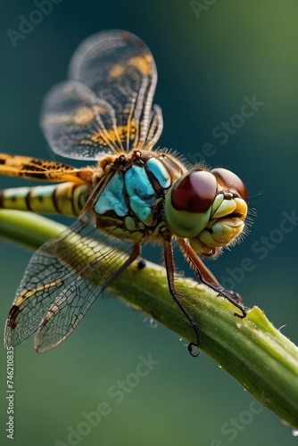 close up a dragonfly sitting on a branch