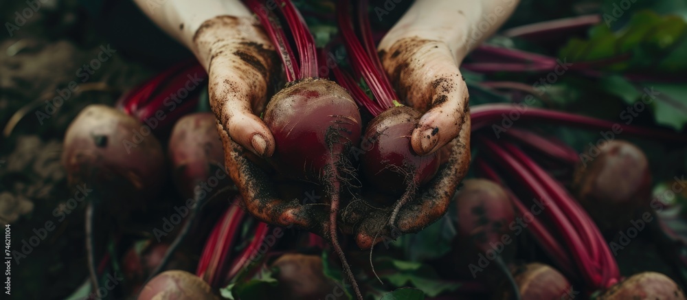 A persons hands clutch a variety of freshly harvested radishes. The individual is engaged in sustainable and eco-friendly farming practices, gathering organic produce for consumption or sale.