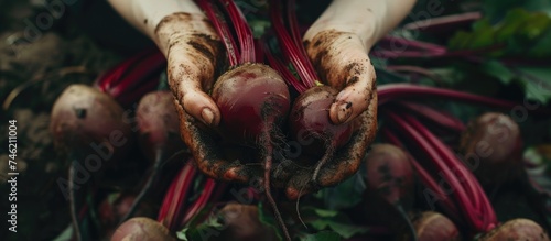 A persons hands clutch a variety of freshly harvested radishes. The individual is engaged in sustainable and eco-friendly farming practices, gathering organic produce for consumption or sale.