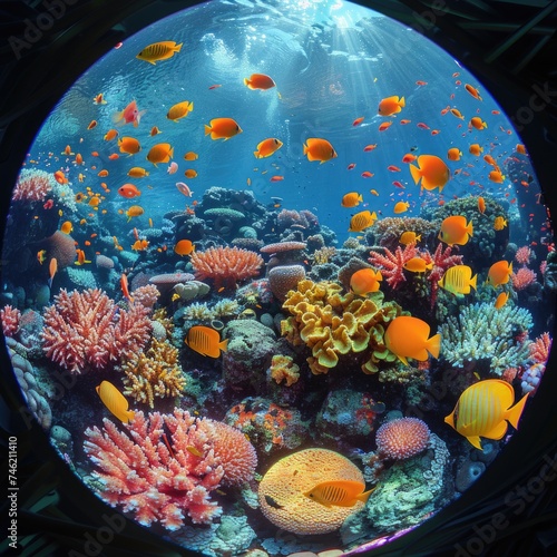 A coral reef-themed aquarium brimming with a diverse array of colorful fish swimming among vibrant coral formations.