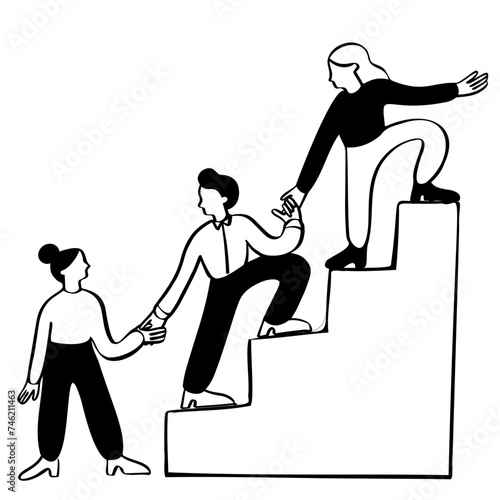 Team of people climbing up stairs together
