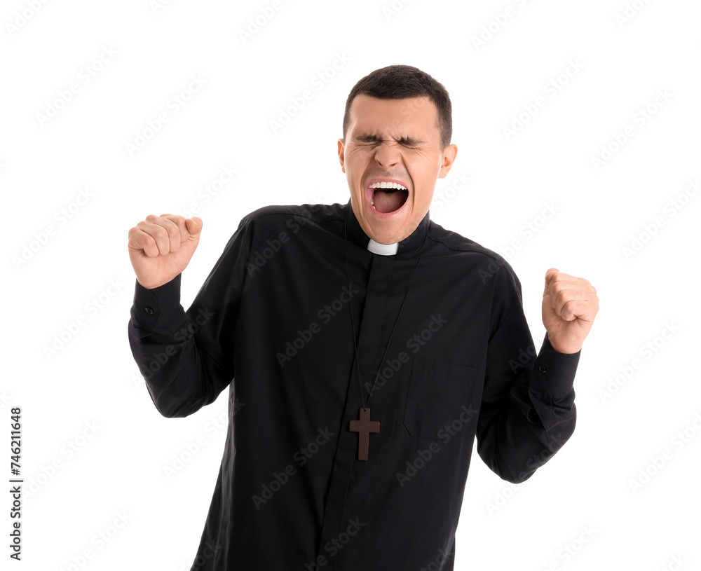 Young priest shouting on white background Young priest shouting on white background