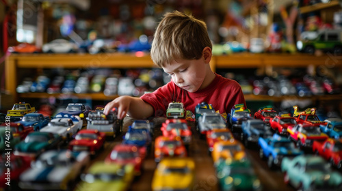 A colorful display of toy cars trucks and action figures catches the eye of a young boy who excitedly adds a new addition to his evergrowing collection on Childrens Day. photo