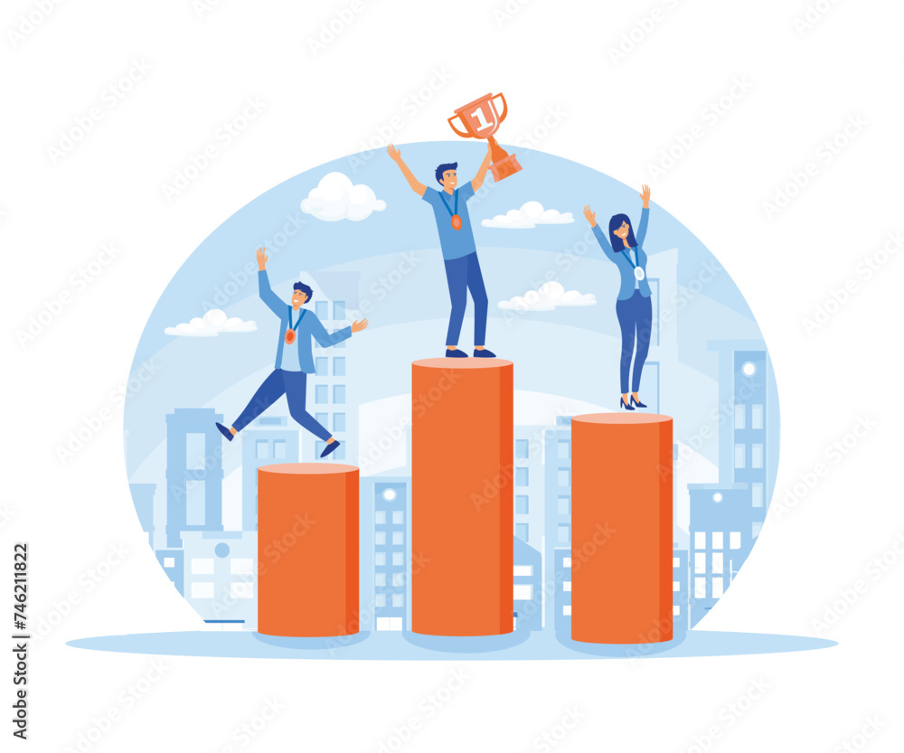 Success Business Team concept. People standing on the podium rank first three places, jumps in the air with trophy cup. flat vector modern illustration Success Business Team concept. People standing on the podium rank first three places, jumps in the air with trophy cup. flat vector modern illustration
