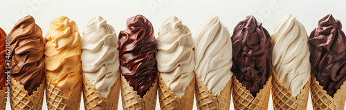 Row of delicious chocolate, cream, coffee, caramel, vanilla, hazelnut, truffle flavored ice cream swirls in waffle cones, soft beige colors off-white background. Summertime cold sweet dessert banner. photo
