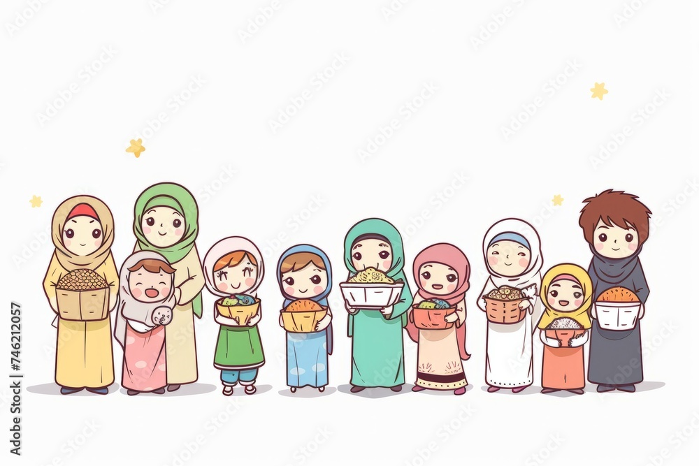 Cartoon cute doodles of characters performing acts of kindness and spreading smiles to brighten the day of others on Eid, Generative AI