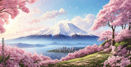 views of mountains and cities around the coast, views from the top of hills decorated with cherry blossoms and green grass #746212014