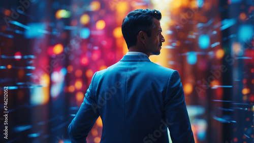 A vibrant image depicts a businessman standing behind