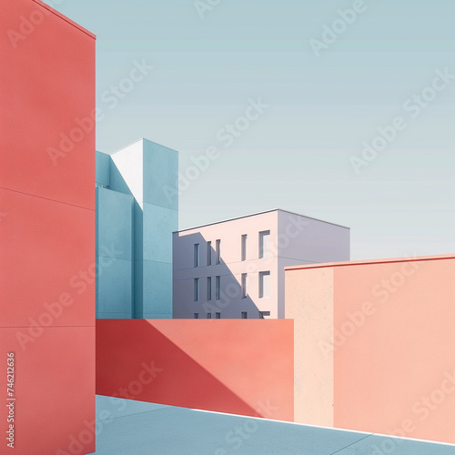 Abstract minimalist pink architecture building on a blue sky background. Geometric Modern city house. Concrete structure. Copy space. Generative AI