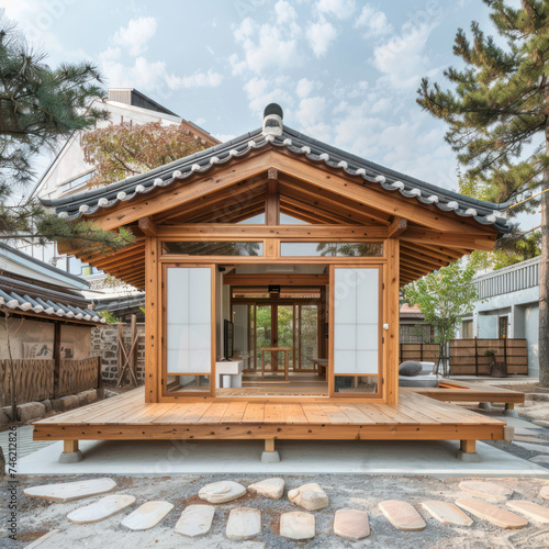 Tiny one floor timber frame house with single front doors and terrace with korean theme design