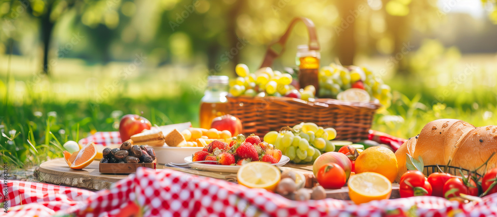 summer picnic set up on park background