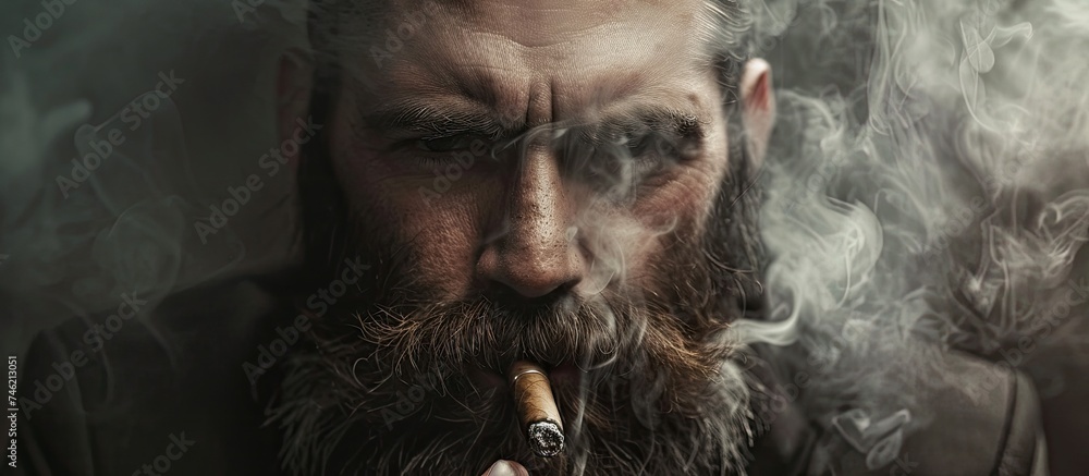 A bearded man with a long beard is smoking a cigarette, exuding a mysterious and suspicious aura. The man appears to be deeply engrossed in his smoking activity, creating a captivating portrait.