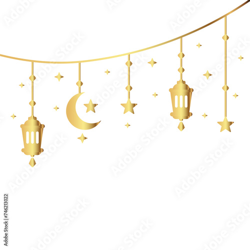 Simple hanging Arabic traditional lantern lamp for Ramadan Kareem, Eid Fitr or Adha Mubarak Greeting banner card. gold golden color crescent moon and star symbol Outline line icon Vector Illustration
