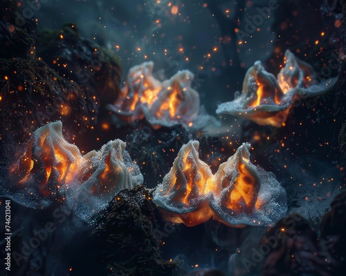 In a dark and mysterious fantasy world, a close-up reveals intricate details of gyoza dumplings surrounded by random star formations that illuminate the eerie landscape
