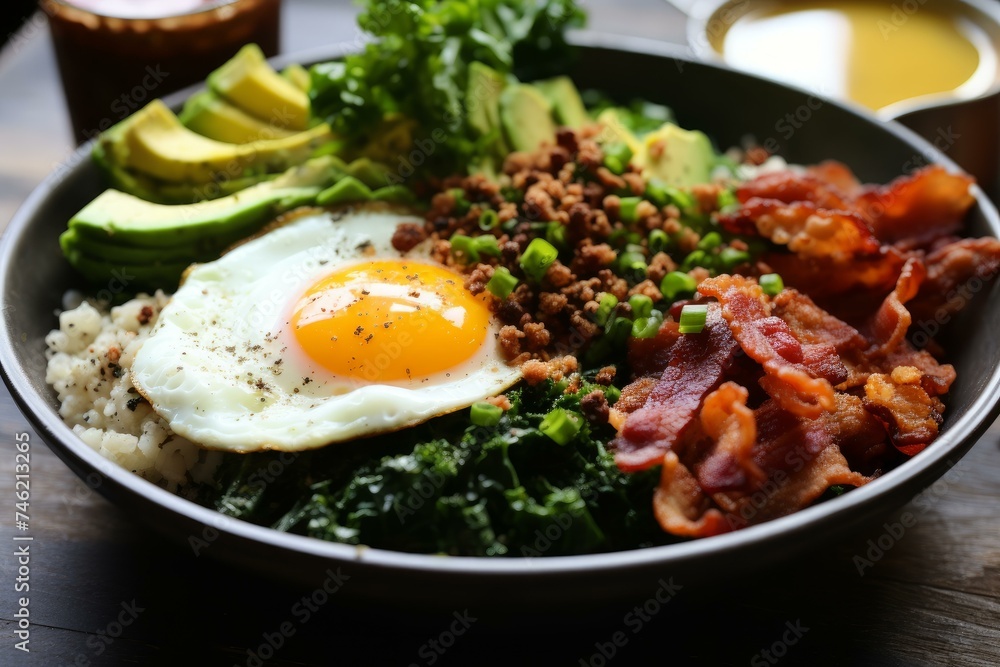 Nutritious Fresh vegetable hot breakfast bowl. Egg salad. Generate Ai Nutritious Fresh vegetable hot breakfast bowl. Egg salad. Generate Ai