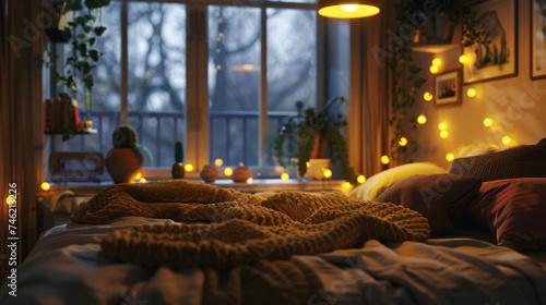 A cozy and dimly lit room with soft pillows and blankets perfect for taking a moment to breathe and decompress in a soothing virtual environment.