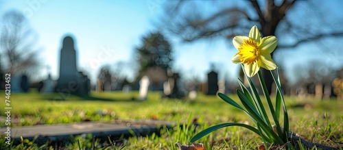 A daffodil narcissus flower stands out in the grass, set against a blurred background of a cemetery with grave stones, a green field, and a blue sky.
