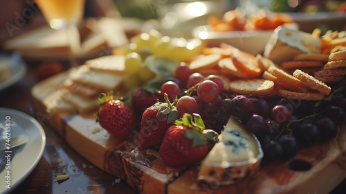 Um delicioso banquete de charcutaria em uma mesa rústica de madeira com queijos embutidos azeitonas e pães artesanais photo