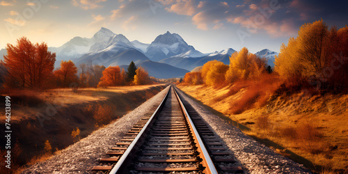 railroad in the mountains, Long railways extending into distance in sunlight, Rail road in forest graphics, Generative AI
 photo