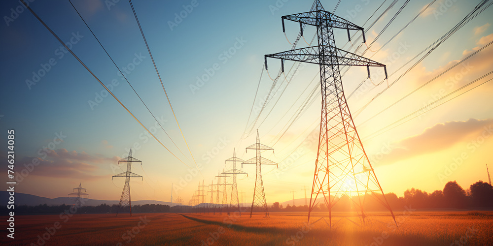 power lines at sunset, High voltage electric pylon and electrical wire with sunset sky. electricity pole. power and energy concept. high voltage grid tower with wire cable., Generative AI
