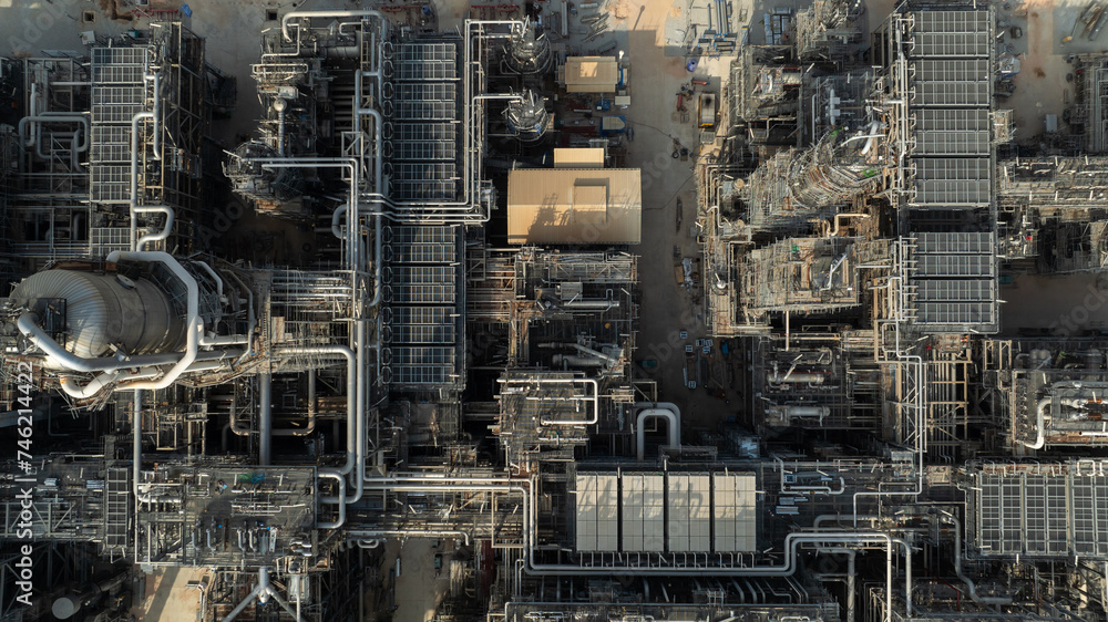 industrial plant construction site, large new oil refinery and petrochemical construction project, aerial view
