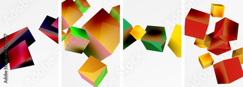 Flying 3d shapes, cubes and other geometric elements background design for wallpaper, business card, cover, poster, banner, brochure, header, website
