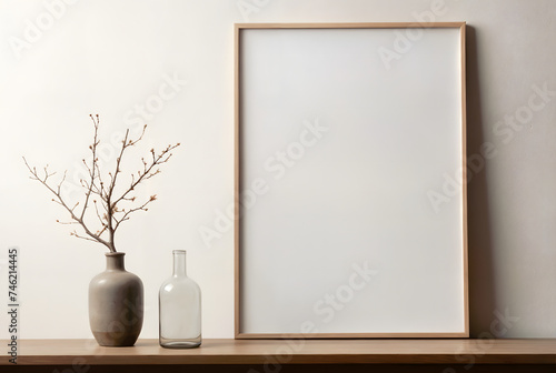 A blank wooden frame mockup on a wooden cabinet   with a trendy vase against an empty white wall background.