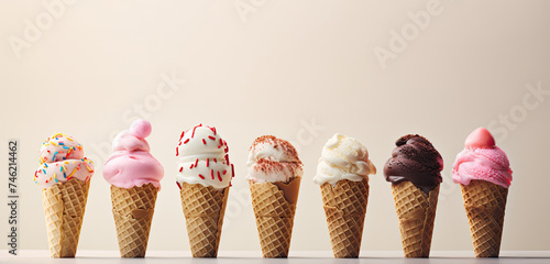 Row of delicious and colorful ice cream scoops of various flavors in wafle cones on beige background with copy space for text. Summertime cold sweet dessert. photo