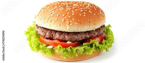 A mouthwatering hamburger featuring fresh lettuce and juicy tomato slices on a soft bun.
