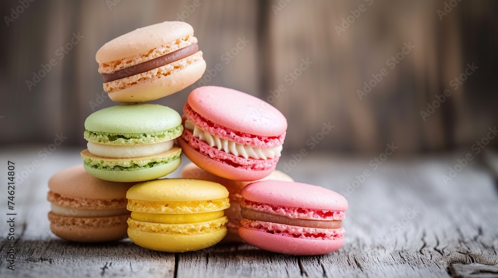 Stack of colorful French macaroni cookies placed on a wooden table. Stack of colorful French macaroni cookies placed on a wooden table.