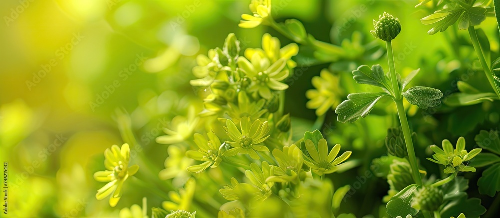 This close-up shot showcases a plant with lush green leaves, exuding vitality and freshness against a backdrop of vibrant spring colors. This close-up shot showcases a plant with lush green leaves, exuding vitality and freshness against a backdrop of vibrant spring colors.