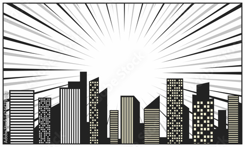 Comic black and white classic style background with city silhouette